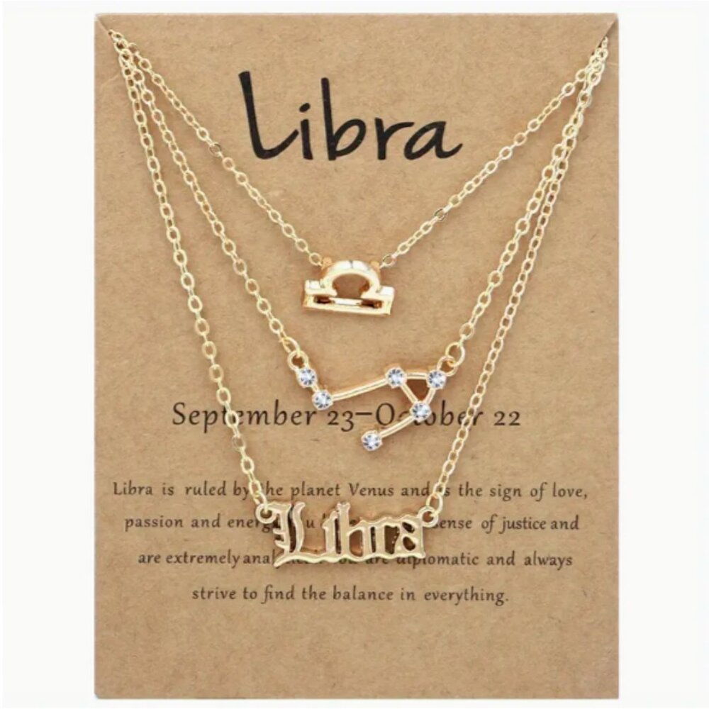 🍏50% OFF/3+...♎ 3 pc zodiac Libra link chain layered necklace set (Gold tone)